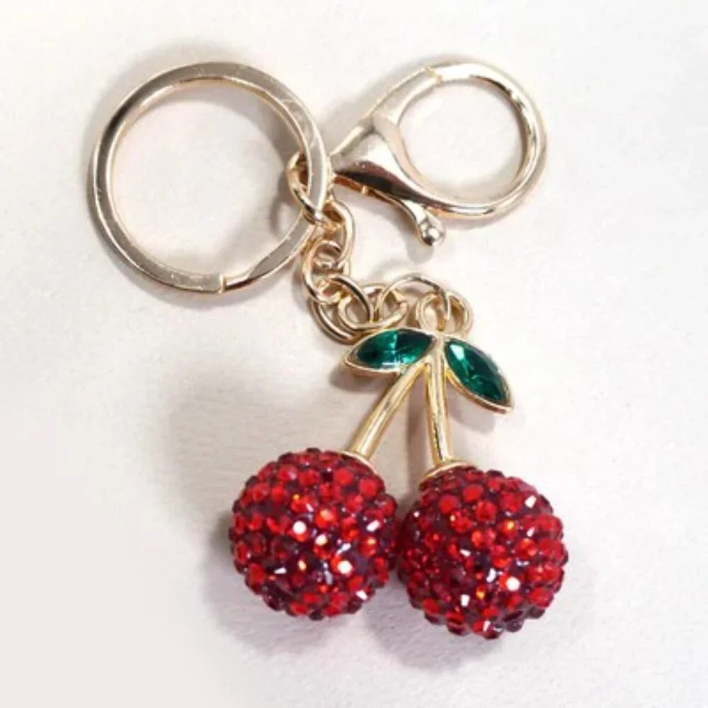 Rhinestone Red Cherry Drop Keychain Bag Backpack Charm